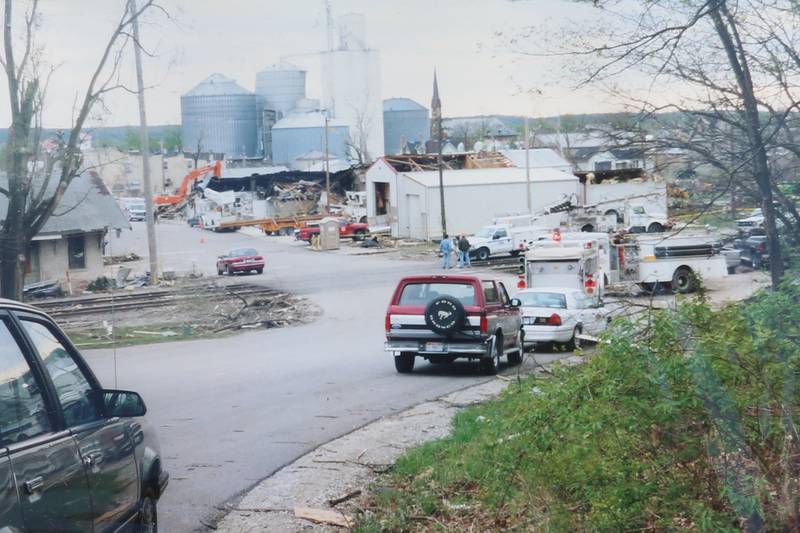 A view of the tornado damage looking south from Clarks Hill on Wednesday April 21, 2004 downtown Utica.