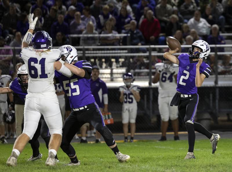 Dixon’s Cullen Shaner fires a pass against Rockford Lutheran Friday, Sept. 27, 2024, at A.C. Bowers Field in Dixon.