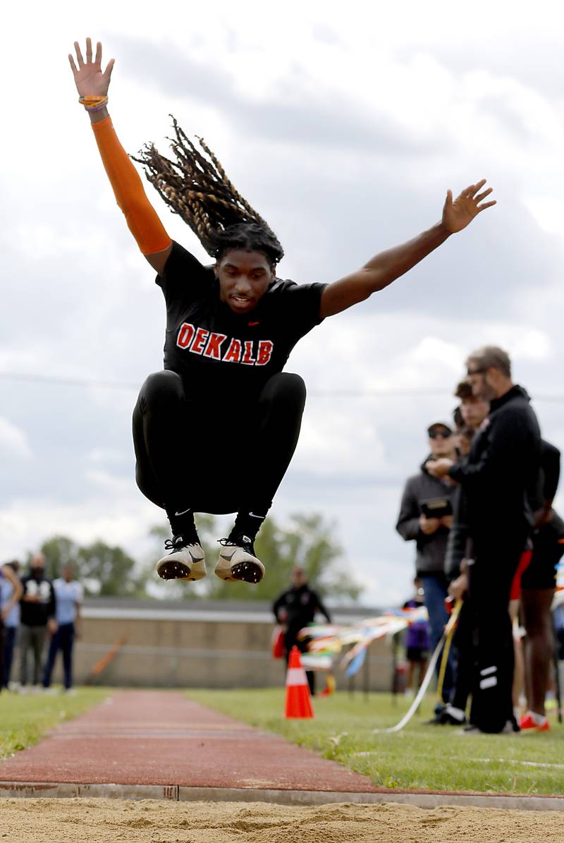 DeKalb’s Ricai Nellums competes in the triple jump during the Huntley IHSA Class 3A Boys Sectional Track and Field Meet on Thursday, May 22, 2025, at Huntley High School.