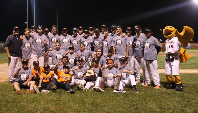 Members of the Illinois Valley Pistol Shrimp baseball team pose for a photo after winning the Prospect League Championship against Rex on Wednesday, Aug. 7, 2024 at Schweickert Stadium in Peru.
