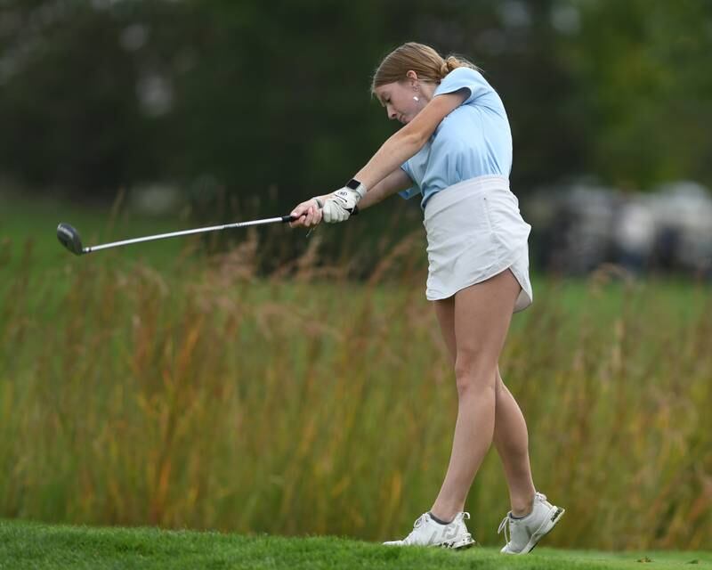 West Aurora Grace Lawless tees off during the regional match on Thursday Sep. 28, 2023, held at Whitetail Ridge in Yorkville.