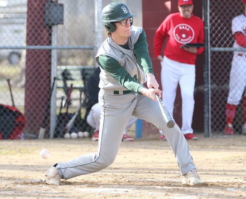 St. Bede's Landon Jackson strikes out swinging against Hall on Monday, March 27, 2023 at Kirby Park in Spring Valley.