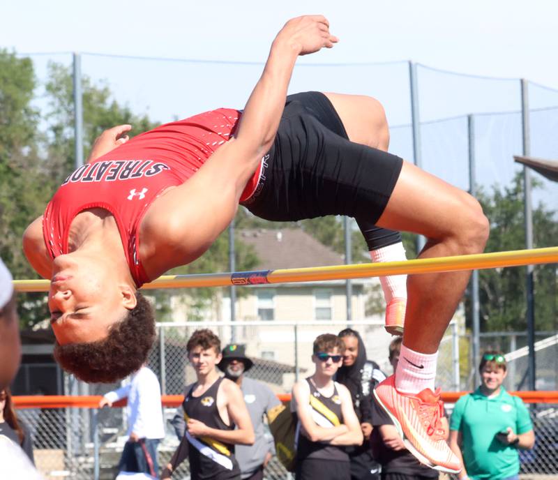 Streator's LayZeric Moton competes in the high jump during the Class 2A Sectional on Wednesday, May 20, 2026 at Pontiac High School.