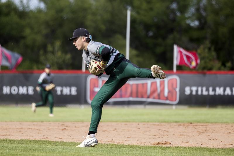 Rock Falls’ Mason Landes can’t play a grounder after it took a bad hop against Oregon in the Stillman Valley Class 2A Regional semifinal Thursday, May 22, 2025.