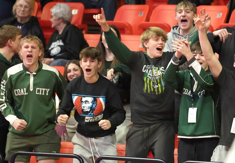 Fans cheer on the wrestlers Saturday, Feb. 18, 2023, in the IHSA individual state wrestling finals in the State Farm Center at the University of Illinois in Champaign.