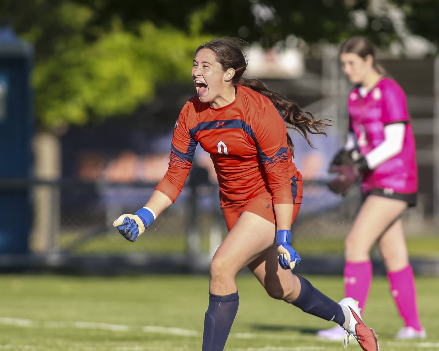 Oswego's Kyla Baier (0) reacts after Oswego wins on penalty kicks during a soccer match between Plainfield North at Oswego on Monday, May 11, 2026 in Oswego.
