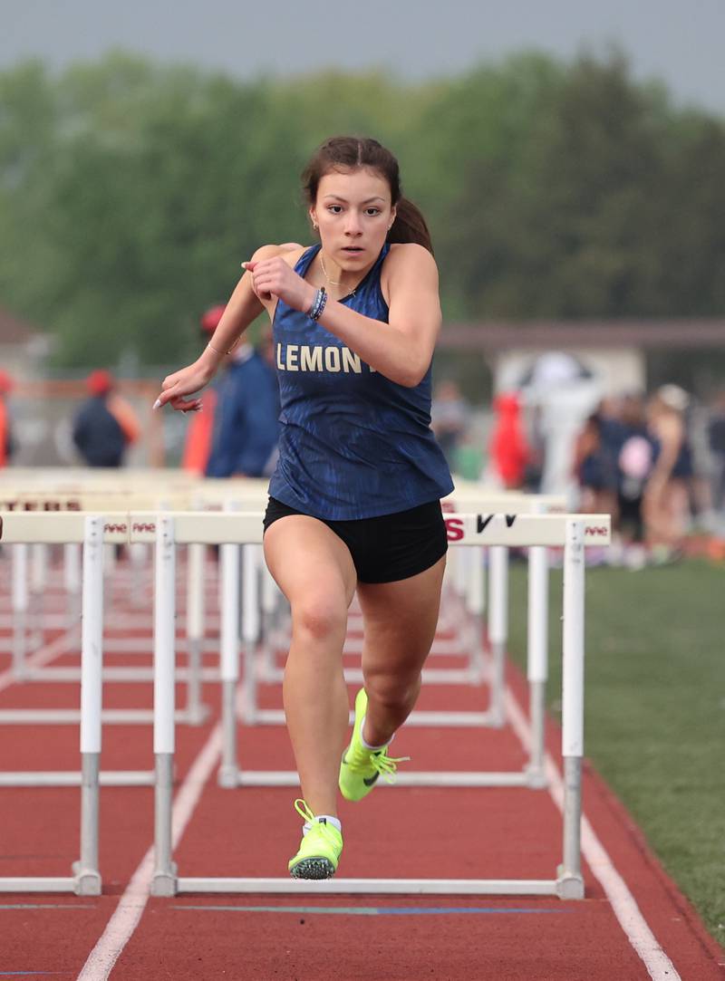 Lemont's Juliette Reyes races to the finish in the 100m hurdles during the girls varsity track and field 3A Lockport sectional on Friday, May 12, 2023.