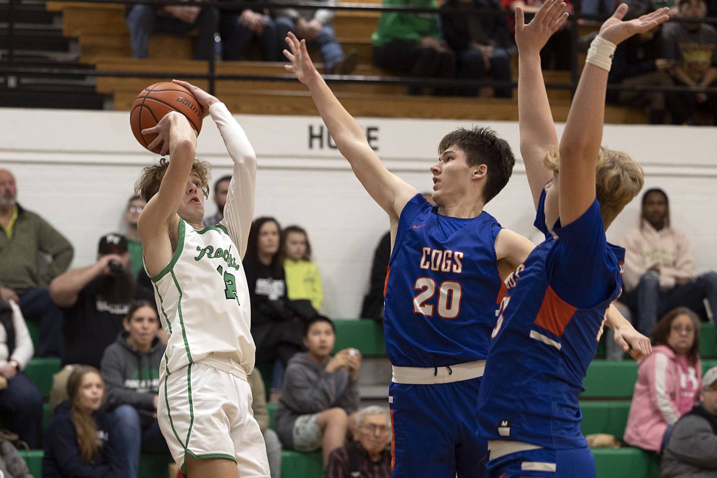 Rock Falls’ Aydan Goff puts up a jumper Friday, Feb. 10, 2023 against Genoa-Kingston’s Nathan Skarzynski.