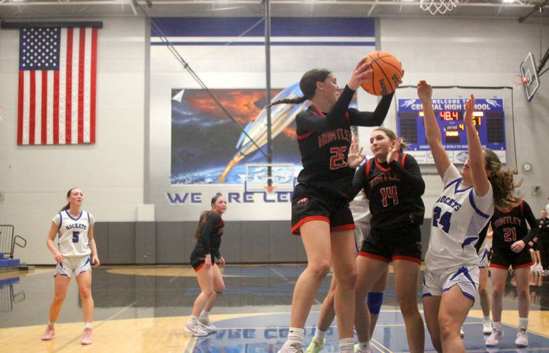 Huntley’s Evie Freundt snags a rebound in varsity girls basketball on Monday, Feb. 9, 2026, at Central High School in Burlington.