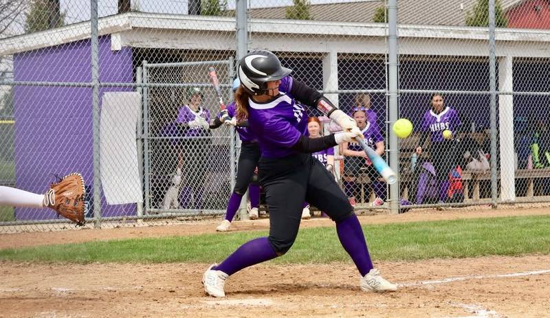 Rochelle's Leah O'Brien follows through on a swing during the Hubs' game with Rockford Boylan. O'Brien had two RBI doubles in the game.