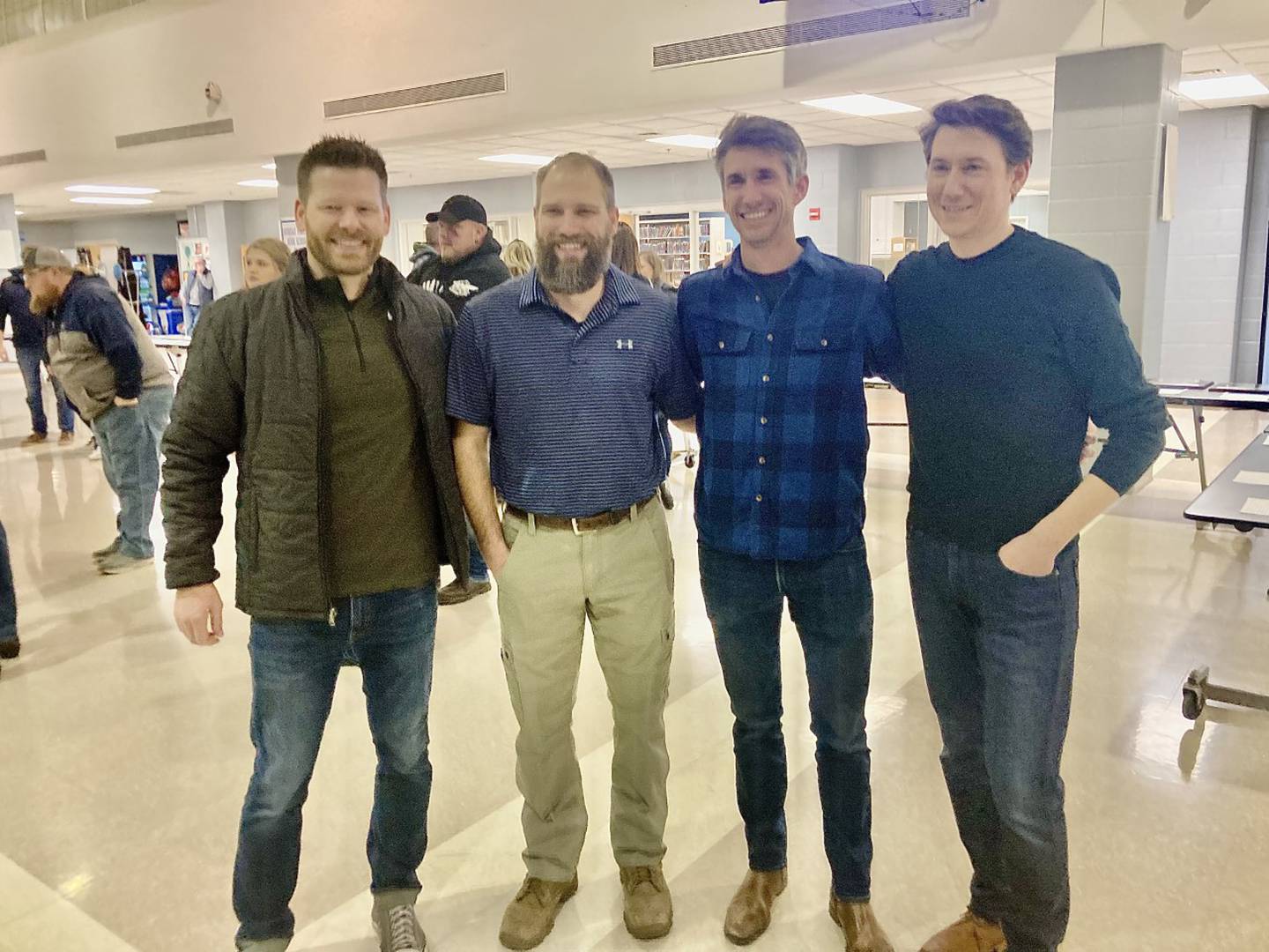 Bureau Valley graduates Jonathon Eckberg (from left), Richard Kraft, Randy Bill and Jason Bill, visit Friday night before the Hall of Fame Night.