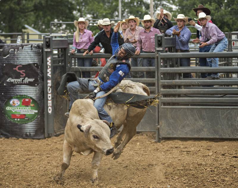 Top ranked rider Ueberson Duarte is cheered on by his fellow cowboys Thursday night in Milledgeville as he stays atop Zeus. Duarte took the lead with his ride.