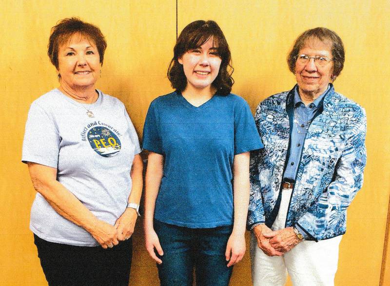 Pictured from left are Chapter FO President Linda Benson, scholarship winner Sophia Jedziniak, and P.E.O. member Joan Hardekopf.