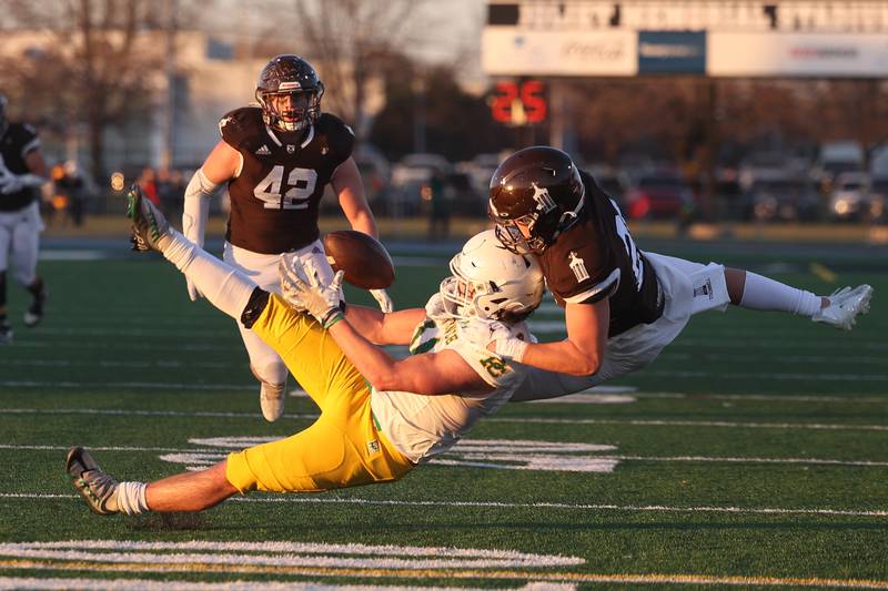 Providence’s Alex Gibson pulls in a pass called back on a hold against Joliet Catholic in the Class 5A semifinal on Saturday, Nov. 18, 2023, in Joliet.
