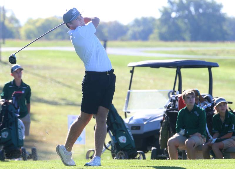 Woodland's Brayden Matsko tees off on the first hole during the Class 1A golf meet on Wednesday, Oct. 2, 2024 at Spring Creek Golf Course in Spring Valley.