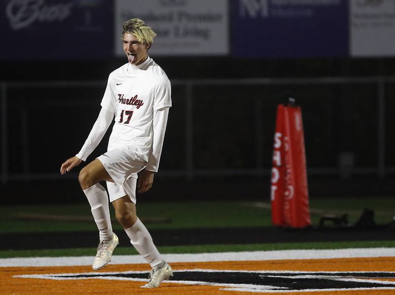 Huntley's Cody Hammer celebrates his goal against McHenry during a Fox Valley Conference boys soccer match on Thursday, Oct. 9, 2025, at McCracken Field in McHenry.