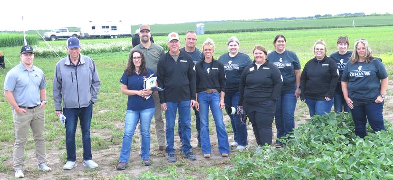 Among the partners highlighting the Illinois Soybean Association’s Agronomy Farm were Hunter Anderson (from left), Pheasants Forever; Dan Schaefer, IFCA; Eliana Monteverde, University of Illinois; Zach Stephenson, Pheasants Forever; Ron Kindred, ISA board; Jim Isermann, agronomist; and ISA agronomy team members Abigail Peterson, Stacy Zuber, Kelsey Litchfield, Deanna Burkhart, Stephanie Porter, Darby Danzl and Connie Copley.