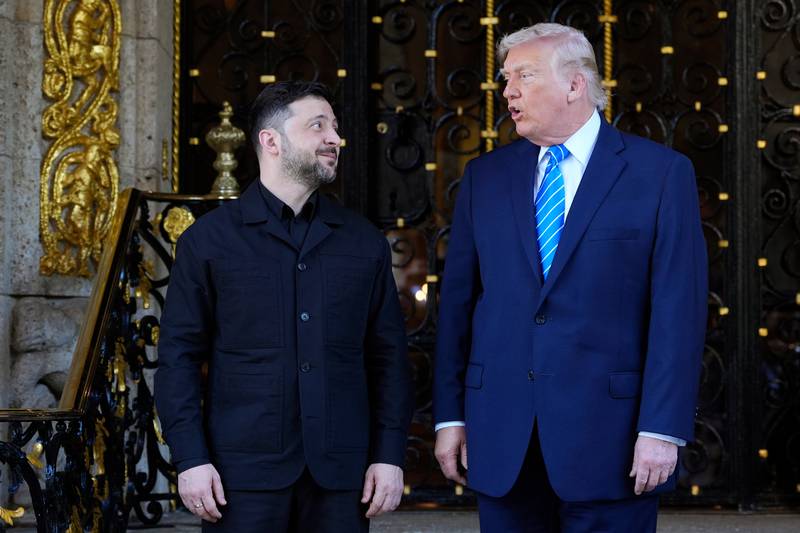 President Donald Trump greets Ukraine's President Volodymyr Zelenskyy at his Mar-a-Lago club, Sunday, Dec. 28, 2025, in Palm Beach, Fla. (AP Photo/Alex Brandon)