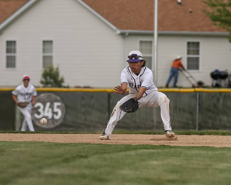 Plano's Jose Barraza (3) eyes a grounder to short during baseball game between Sandwich at Plano.  May 8, 2024