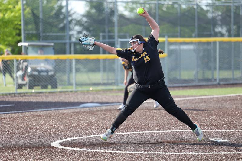 Herscher's Anistin Hackley throws a pitch during the Tigers' 13-6 victory against Central on Wednesday, May 14, 2025.
