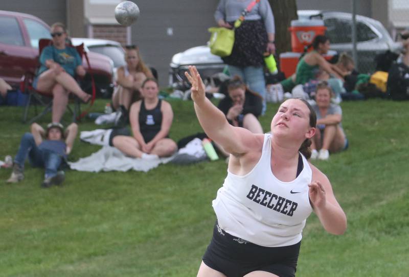 Beecher's Fiona Hagan-Storbeck competes in the shot put during the Class 1A Sectional track meet on Thursday, May 15, 2025 at Seneca High School.