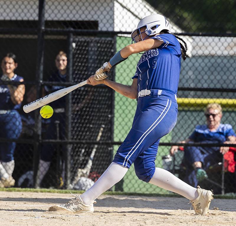 Princeton’s Keely Lawson drives the ball to third against Bureau Valley Friday, May 17, 2024 at the Class 2A regional semifinals in Rock Falls.