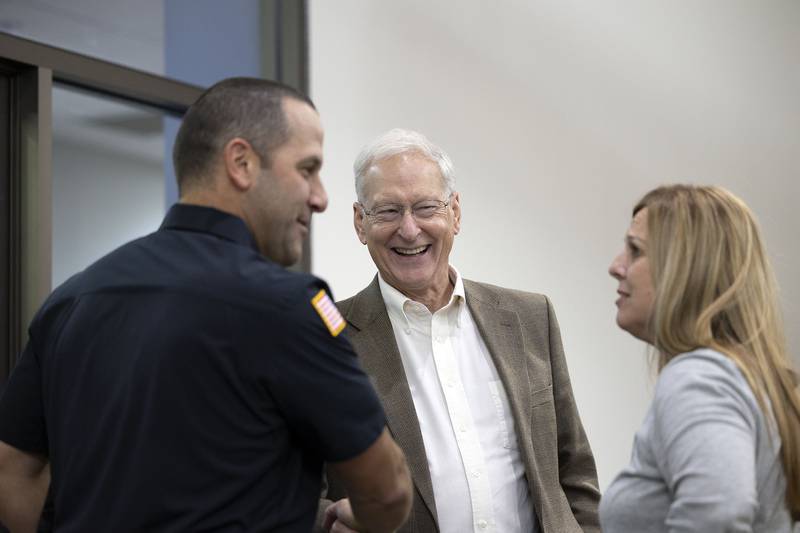 Dixon Mayor Glen Hughes congratulates Deputy Chief Aaron Simonton for his Life Saving Award Monday, Nov. 3, 2025.