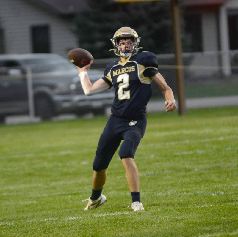 Polo quarterback JT Stephenson drops back to pass against Bushnell-Prairie City on Friday, Aug, 29, 2025 in Polo.