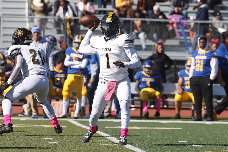 Joliet West’s Carl Bew passes against Joliet Central on Saturday.