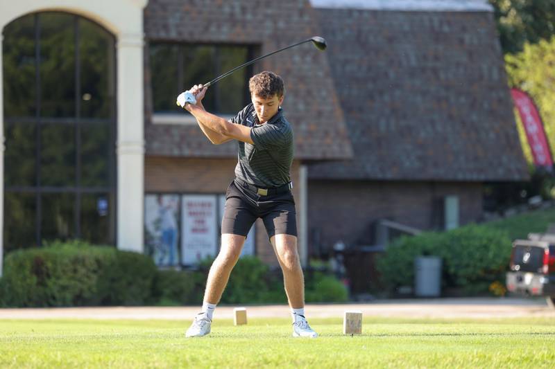 Bradley-Bourbonnais' Landon Martin tees off during the Boilermakers' match against Sandburg at the Kankakee Elks on Aug. 14, 2025.