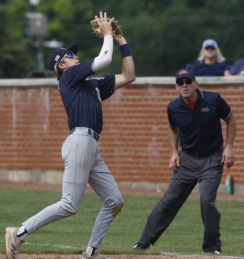Cary-Grove’s Ricky Barnes catches a fly ball during the IHSA Class 3A Grayslake Central Sectional semifinal baseball game against Prairie Ridge on Wednesday, June 4, 2025, at Grayslake Central High School.