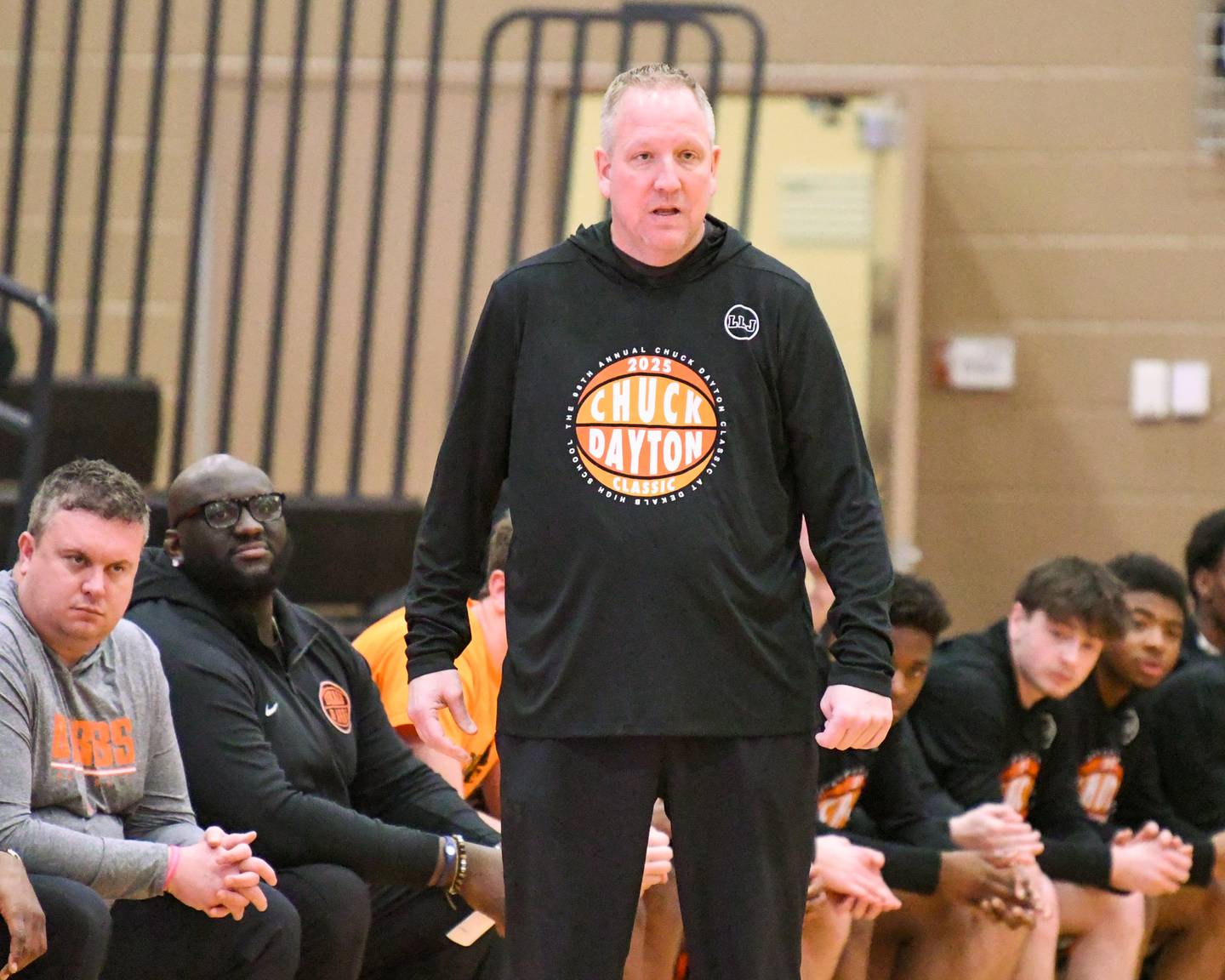 DeKalb's head coach Mike Reynolds looks on during the game on Monday Dec. 29, 2025, while taking on Galesburg in the Dayton Invite held at DeKalb High School.
