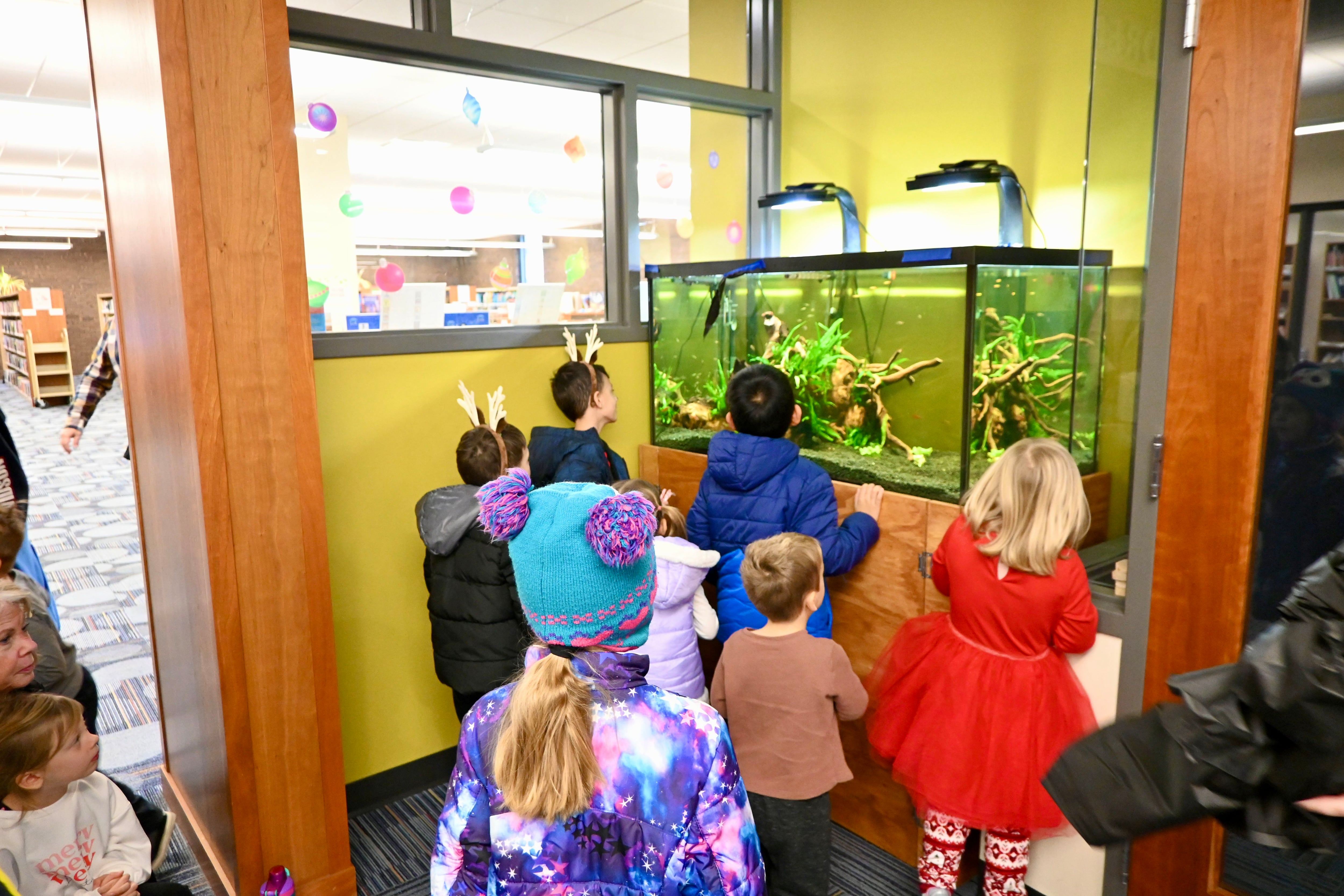 Children gather around the tank to gaze at fish during the unveiling of the new aquarium on Saturday Dec. 16 at Reddick Library in Ottawa.