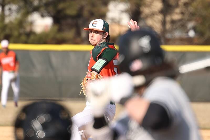 Plainfield East’s Josh Keller delivers a pitch against Bolingbrook on Monday, March 27, 2023.