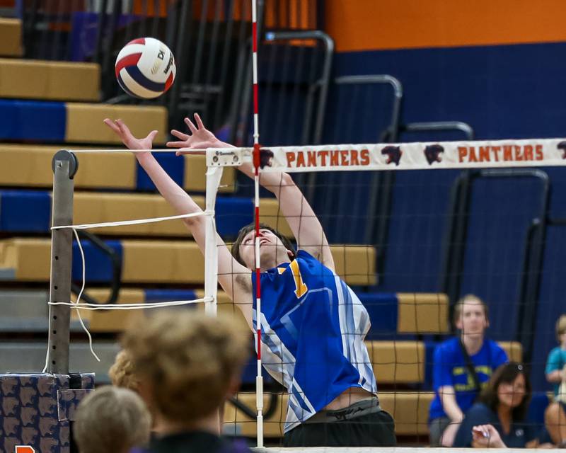 Lyons Tommy Culver (7) reaches for a save during Oswego Sectional final between Downers Grove North at Lyons.  May 30, 2023.