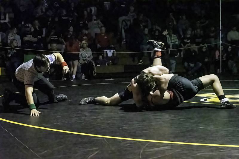 Riverdale's Zac Bradley (top) controls Orion's Aiden Fisher during the 182-pound title bout at the 1A Riverdale Regional on Saturday, Feb. 4, 2023.