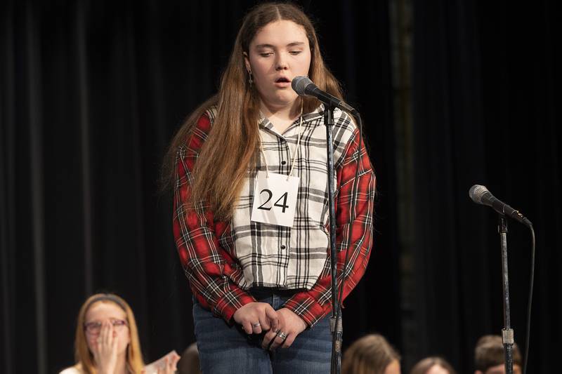 Ashton-Franklin Center 8th grader Kara Wilcox competes Thursday, Feb. 21, 2024 at the Lee-Ogle-Whiteside regional spelling bee. Wilcox missed the word “proposal” in round one.