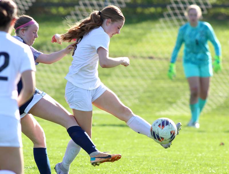 Prairie Ridge’s Sierra Greenwell moves the ball  in varsity girls soccer at Cary-Grove High School in Cary on Tuesday, April 29, 2025.