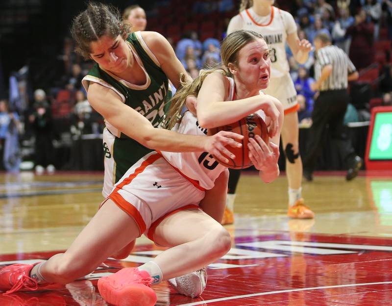 Altamont's Peyton Osteen takes the ball away from St. Bede's Lili Bosnich during the Class 1A third-place game on Thursday, Feb. 29, 2024 at CEFCU Arena in Normal.