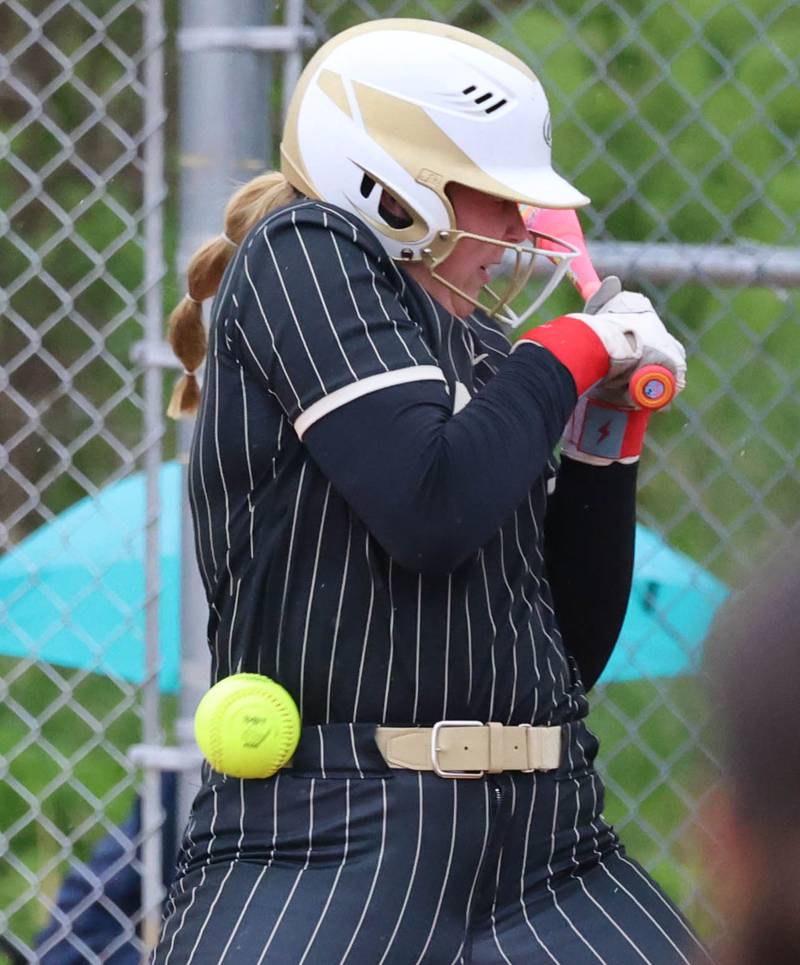Sycamore's Camryn Knox is hit by a pitch Thursday, April 30, 2026, during their game against LaSalle-Peru at Sycamore High School.