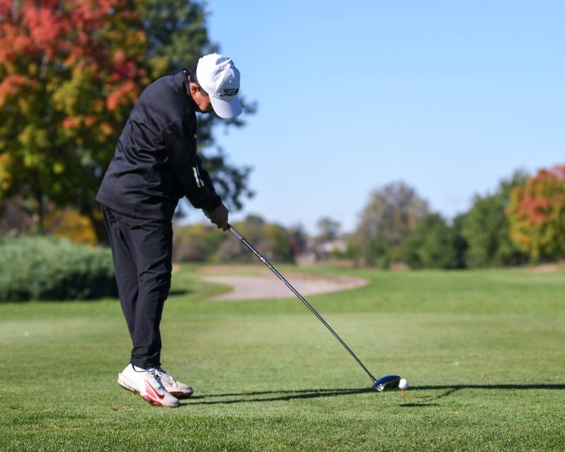 Plainfield North’s golfer Sam Epspinoza tees off on Monday Oct. 7, 2024, during the 3A sectional match held at Blackberry Oaks Golf Course in Bristol.