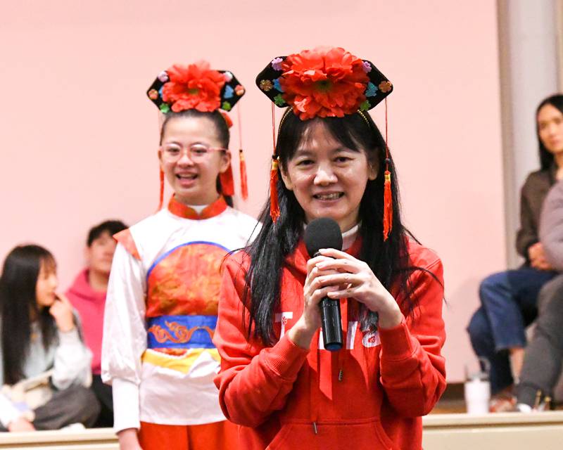 Teacher Othniel Tan from the Jhong Jheng Elementary School Suona and Drum Ensemble from Kinmen, Taiwan, talks about the different instruments used during the performance on Saturday April 19, 2025, held at the Taiwanese American Chamber of Commerce building in Westmont.