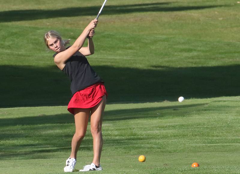 Ottawa's Skylar Nodland tees off on Monday, Sept. 8, 2025 at Deer Park Golf Club in Oglesby.