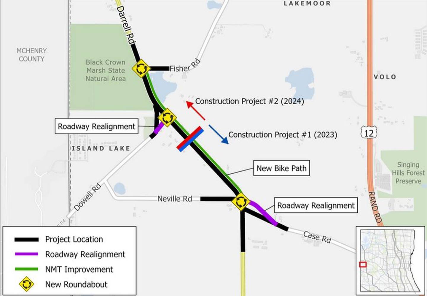The Lake County Board was on track to appropriate $8.1 million for improvements on Darrell Road in Wauconda Township at its meeting Tuesday, Jan. 17, 2023. The two-part project involves three roundabouts, squaring up intersection angles at Case and Dowell roads, and a multiuse path.