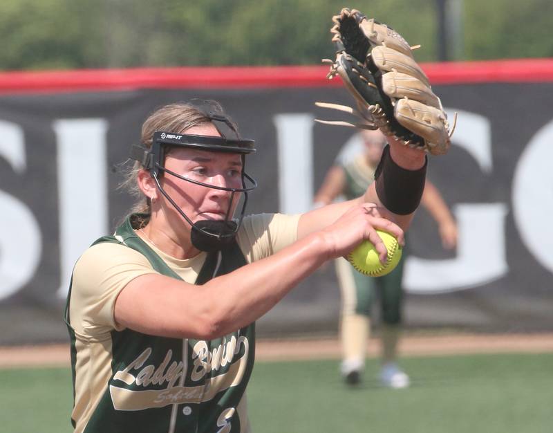 St. Bede's Ella Hermes delivers a pitch to Goreville in the Class 1A State semifinal game on Friday, June 2, 2023 at the Louisville Slugger Sports Complex in Peoria.