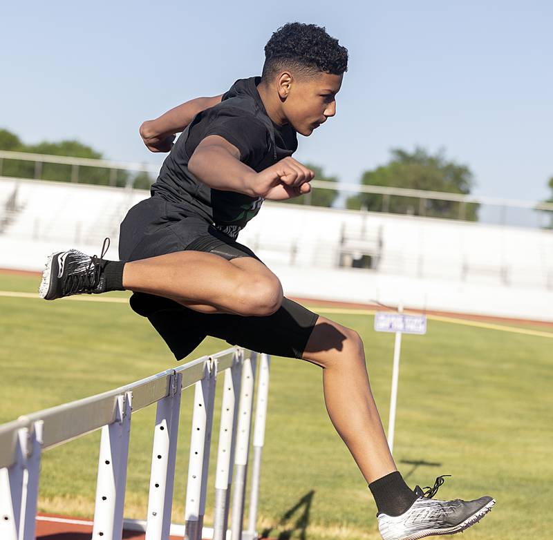 Rock Falls’ Jaylen Chattic competes in the 110 hurdles Wednesday, May 20, 2026, at the Rochelle Class 2A boys track sectionals.