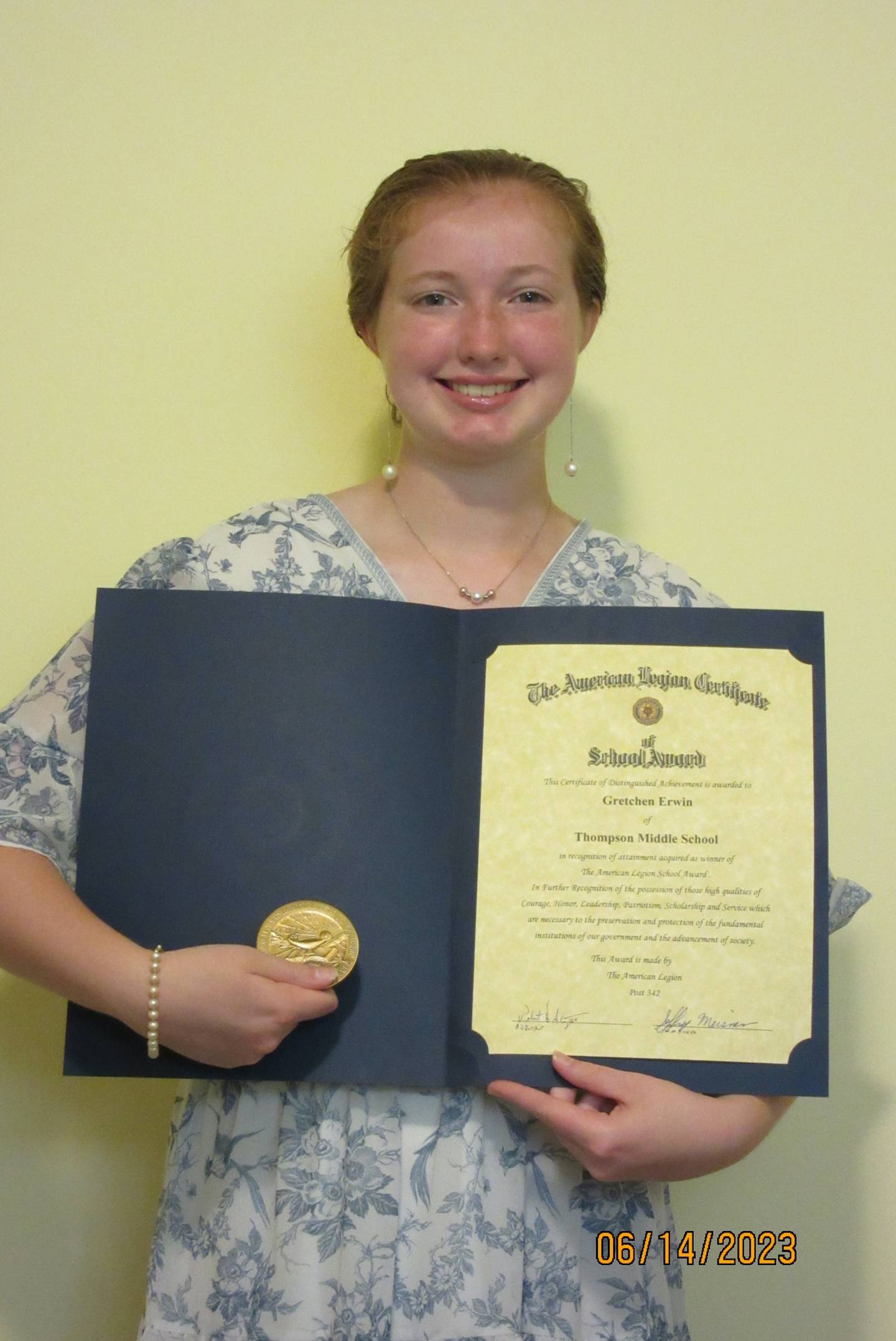 Gretchen Erwin, a student at Thompson Middle School, is one of four St. Charles middle school students to receive the American Legion Award.