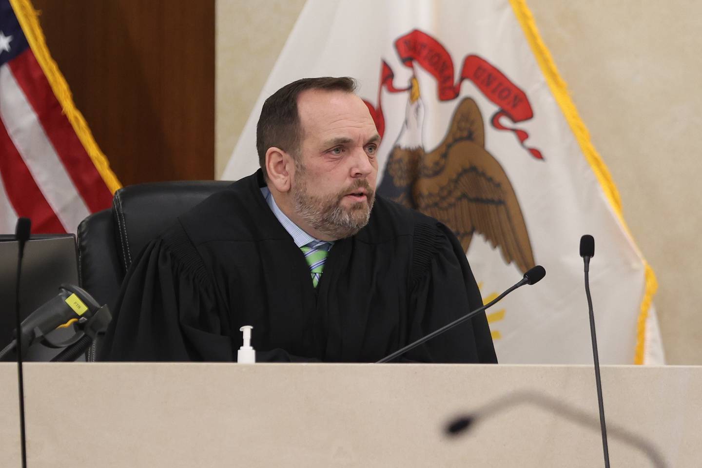 Judge Dan Rippy talks to the jury during closing arguments on Monday in the case against Sean Woulfe at the Will County Courthouse.  Sean Woulfe, 29, is charged with reckless homicide of Lindsey Schmidt, 29, and her three sons, Owen, 6, Weston, 4, and Kaleb, 1. Monday, Mar.  28, 2022, in Joliet.