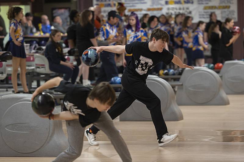 Dixon bowlers Daniel Sotelo (left) and Sam Gingras practice Wednesday, Jan. 24, 2024 at Blackhawk Lanes in Sterling for the upcoming IHSA boys bowling championship. This is the first time the Dukes’ team has made the tournament.