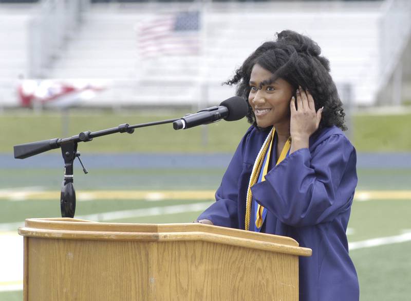 Student council President Leila Anderson talks to the commencement crowd. The Sterling Class of 2026 Commencement Ceremony was held on Sunday, May 17, 2026 at Roscoe Eades Field in Sterling.